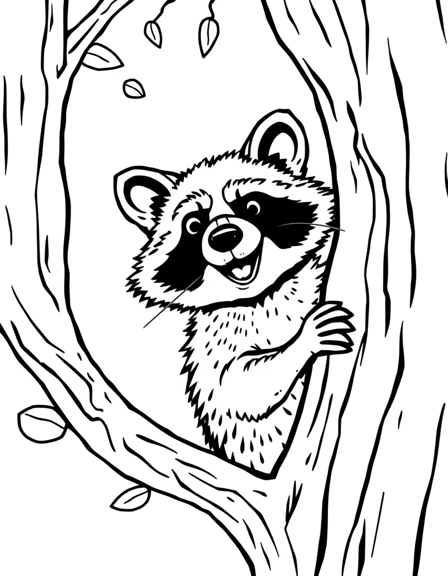 (Missouri) A cheerful raccoon peeking from a tree