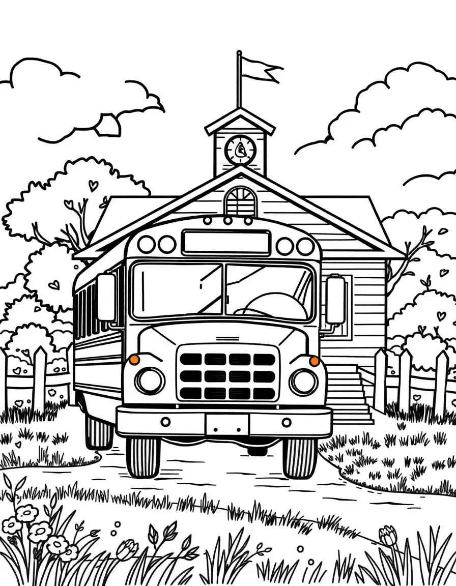 (Missouri) A school bus in front of a rural schoolhouse