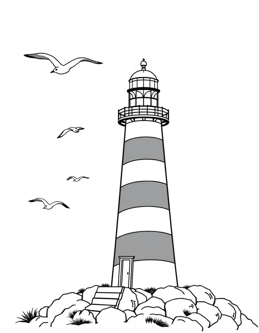 (North Carolina) A striped lighthouse with seagulls flying