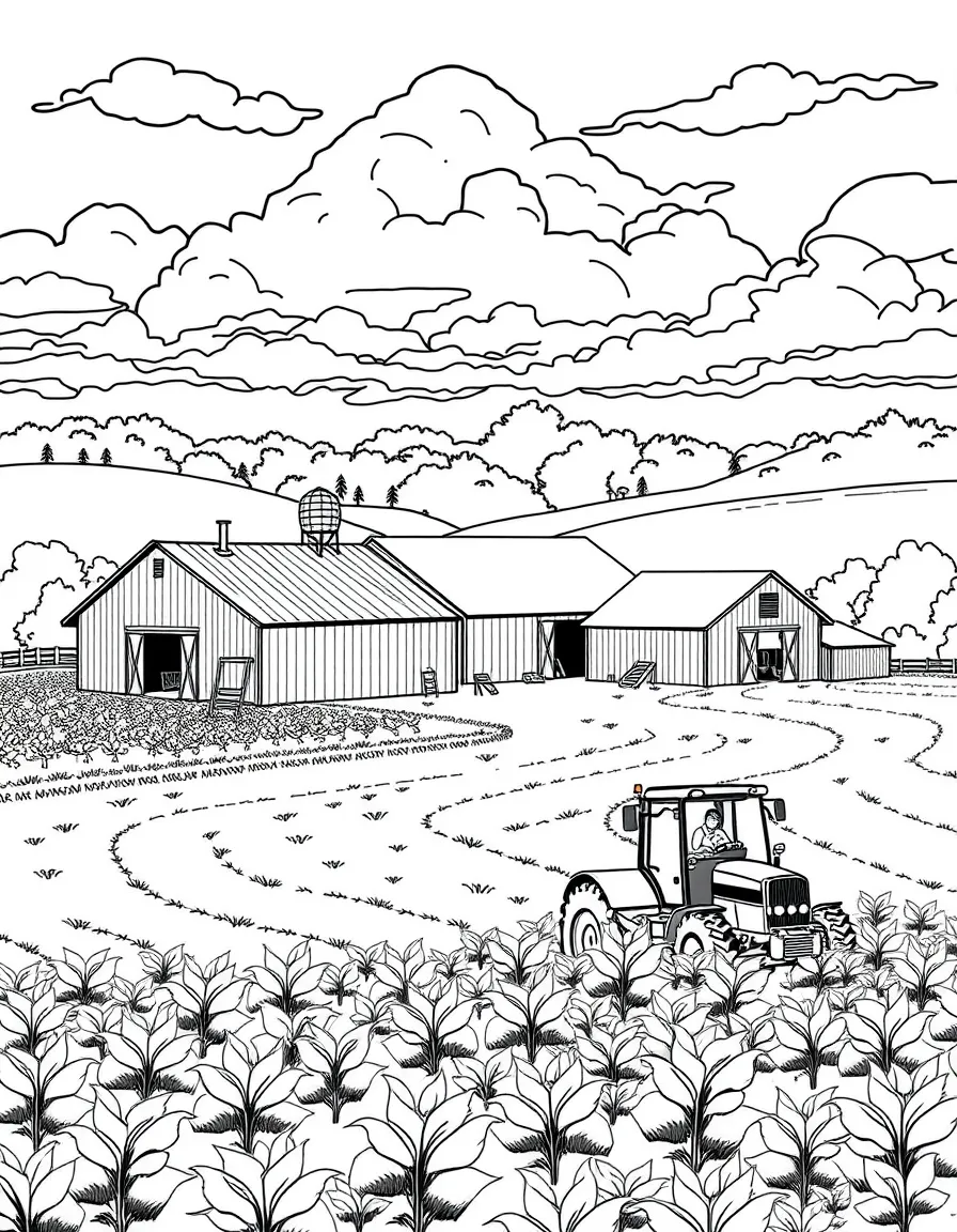 (North Carolina) A farm with tobacco barns and tractors
