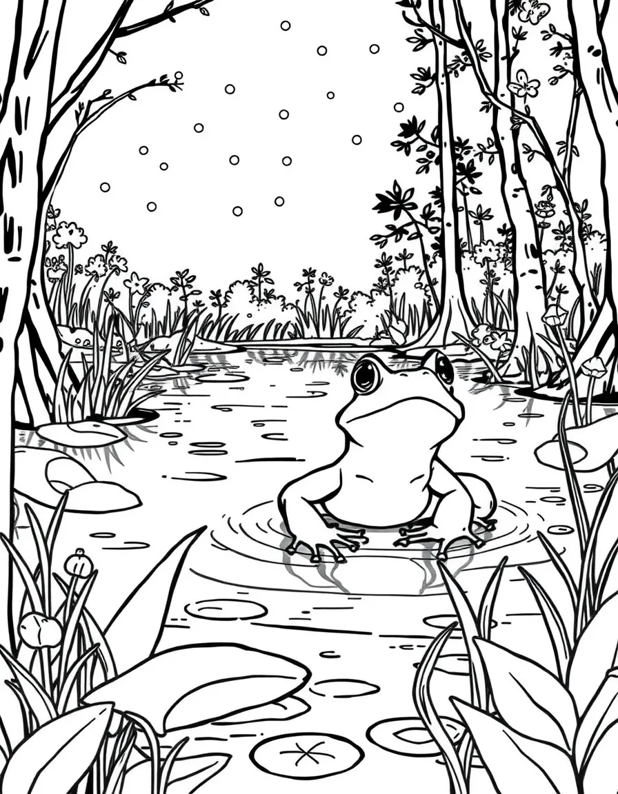 (North Carolina) A frog and fireflies in a summer swamp