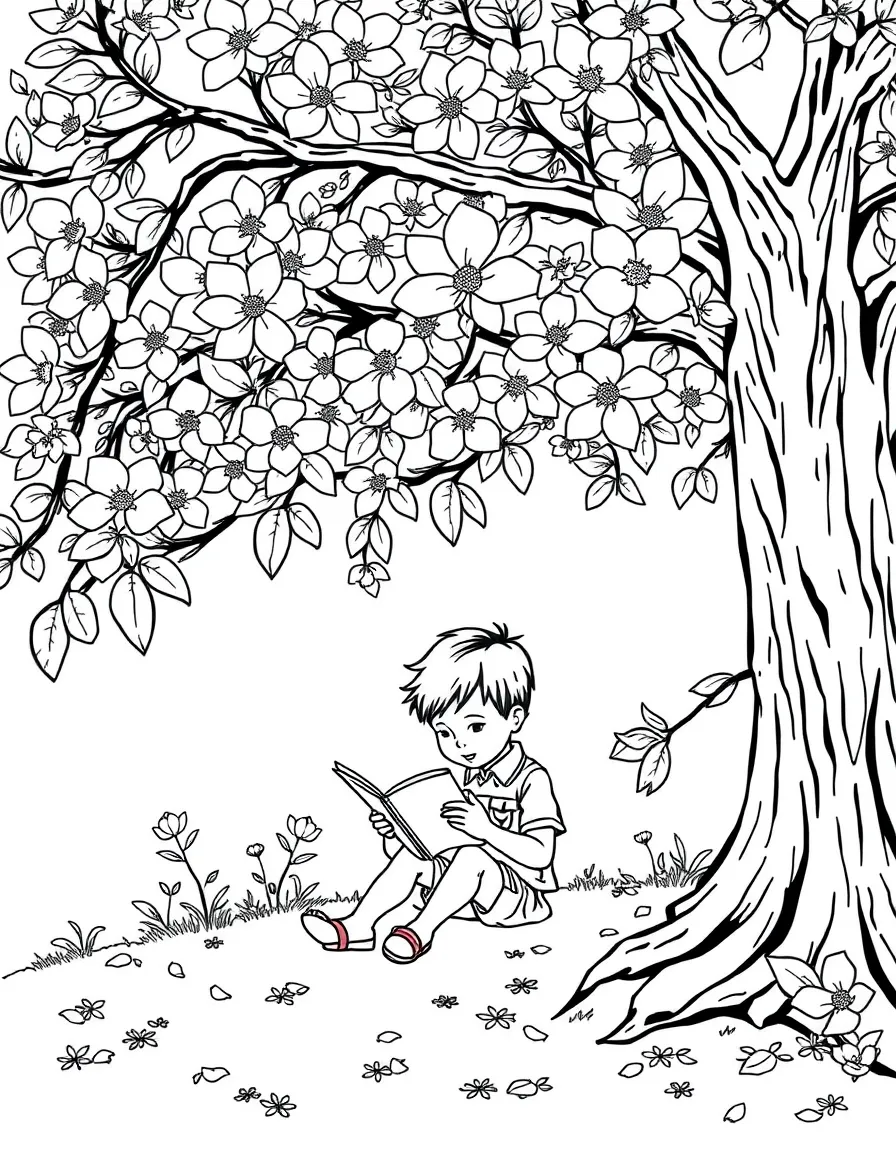 (North Carolina) A girl and boy reading under a dogwood tree