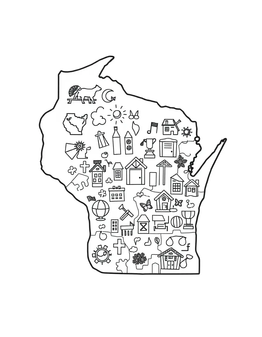 (Wisconsin) A Wisconsin-shaped puzzle with icons inside