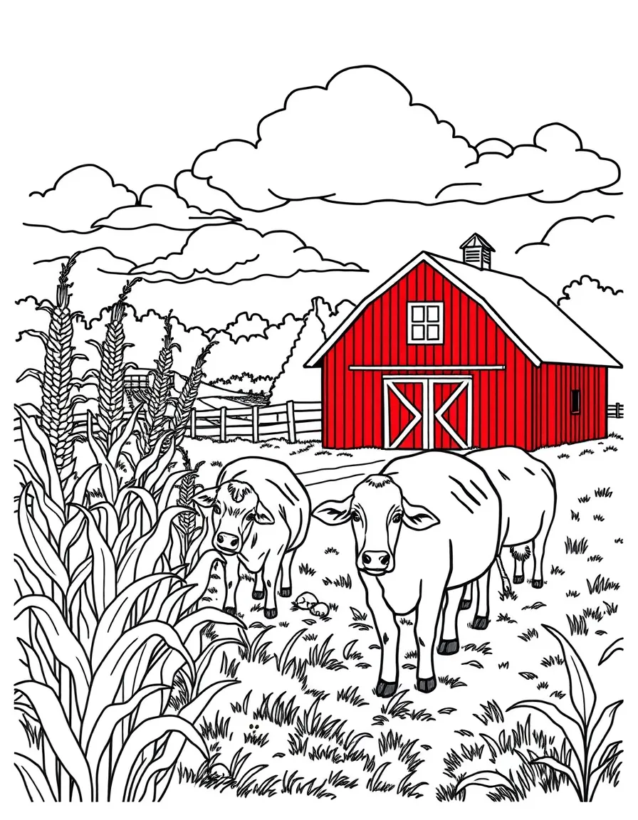 (Wisconsin) A farm scene with corn, cows, and a red barn