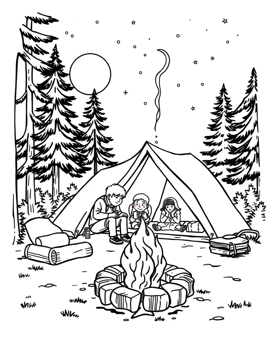 (Wisconsin) A family camping with a tent and campfire