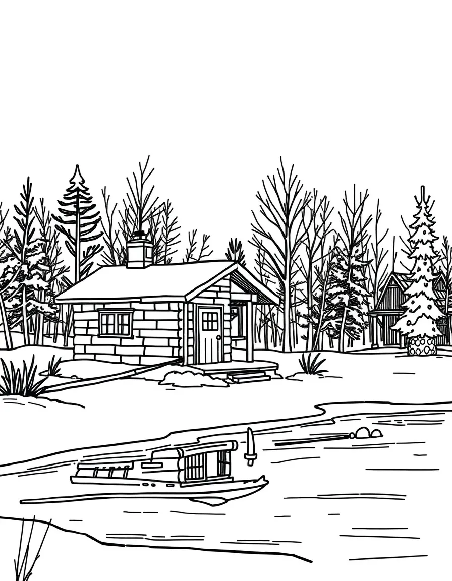 (Wisconsin) An ice fishing hut on a frozen lake