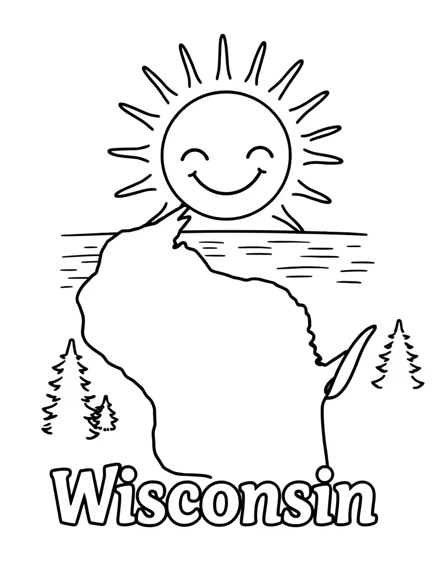 (Wisconsin) A smiling sun over the Great Lakes with "Wisconsin" below