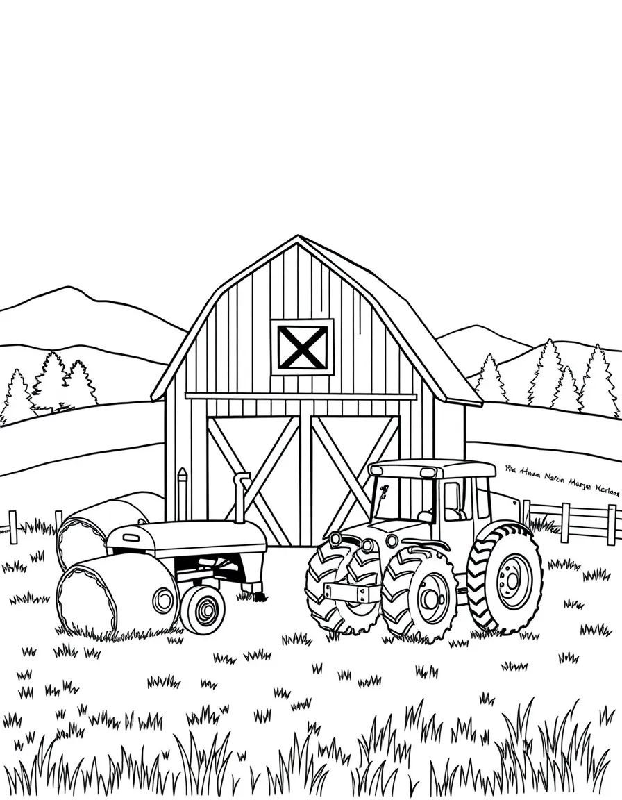 (Montana) A barn with hay bales and a tractor