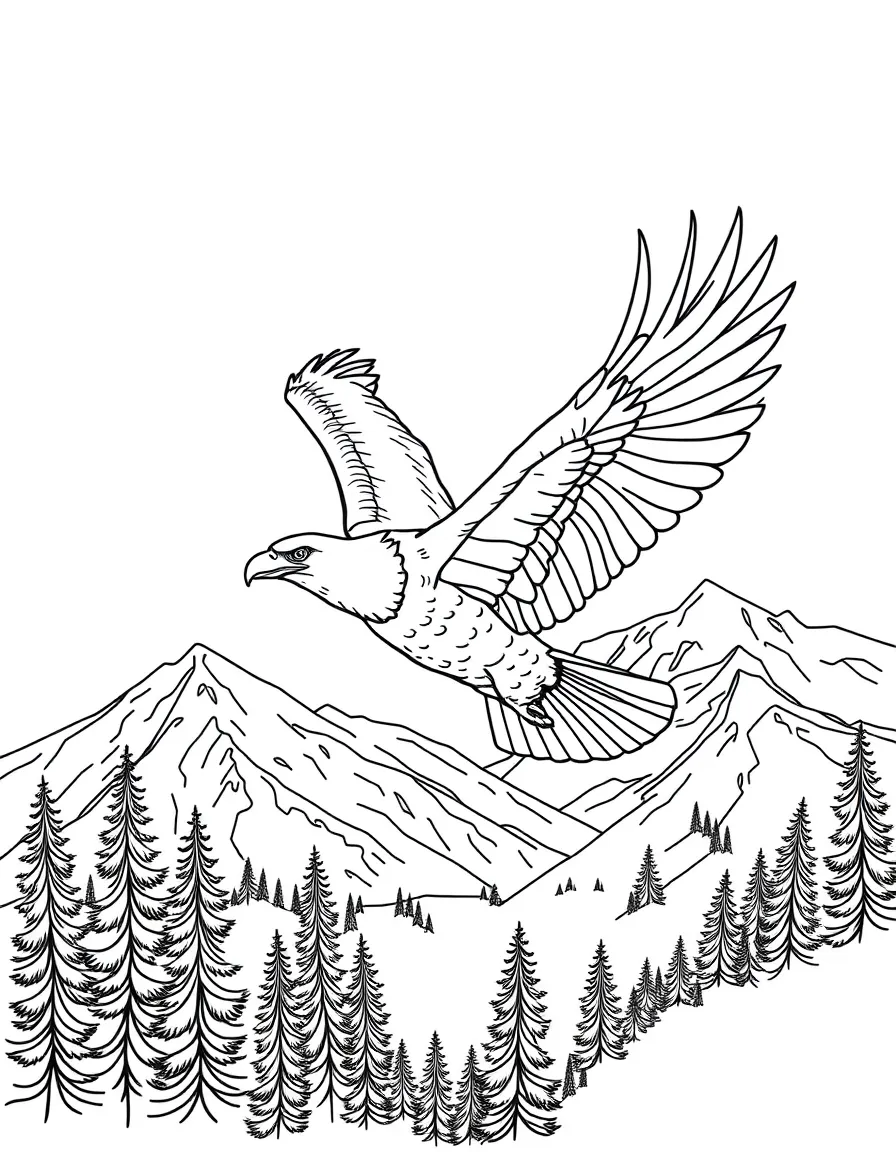 (Montana) A bald eagle flying over Montana mountains