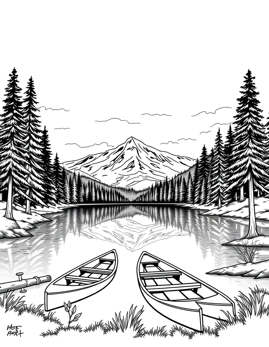 (Montana) A scenic lake with pine trees and canoes