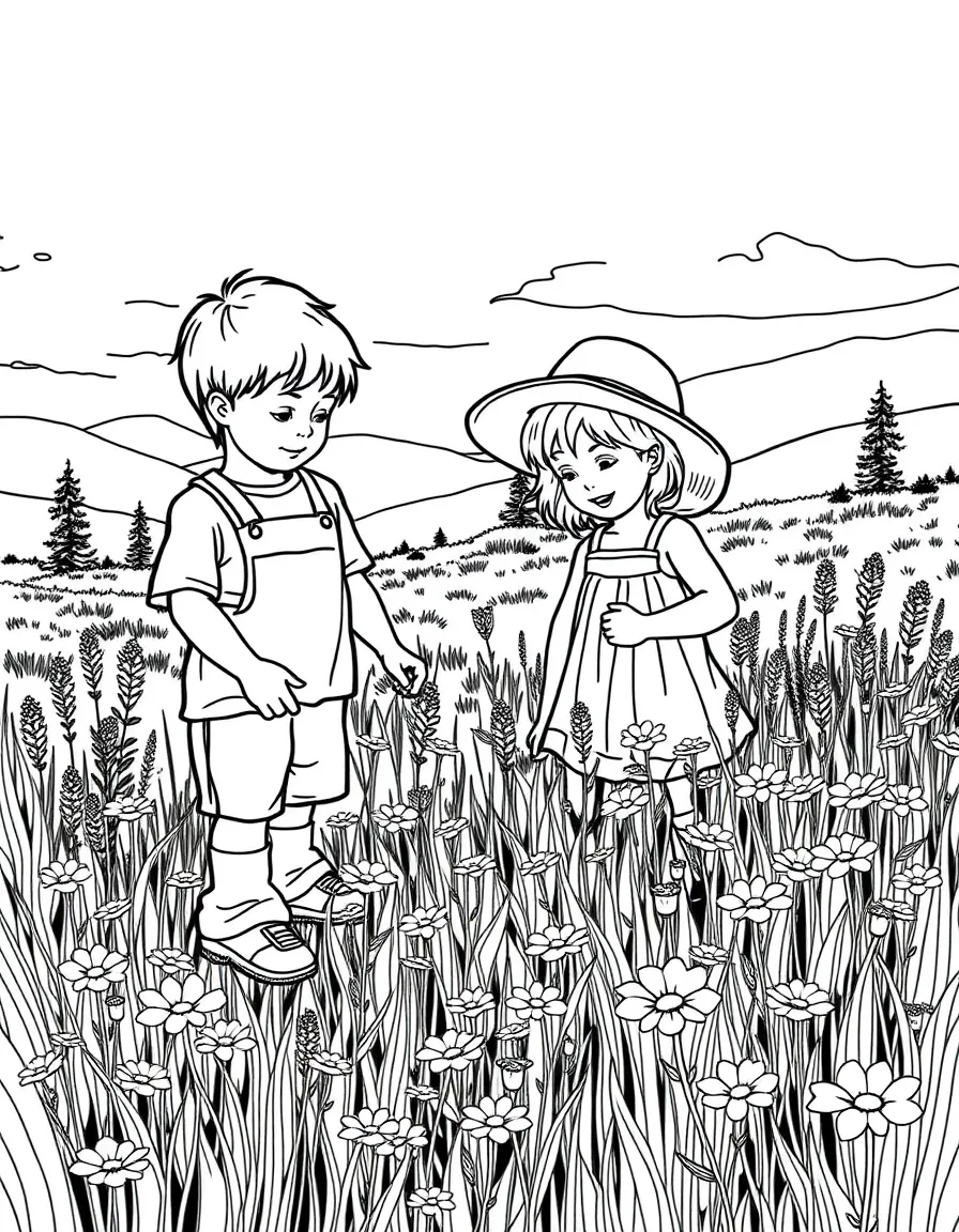 (Montana) Children picking wildflowers in a Montana meadow