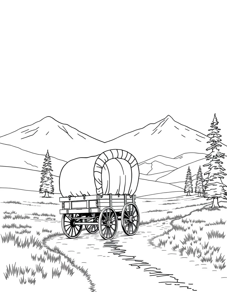 (Montana) A covered wagon crossing a Montana trail