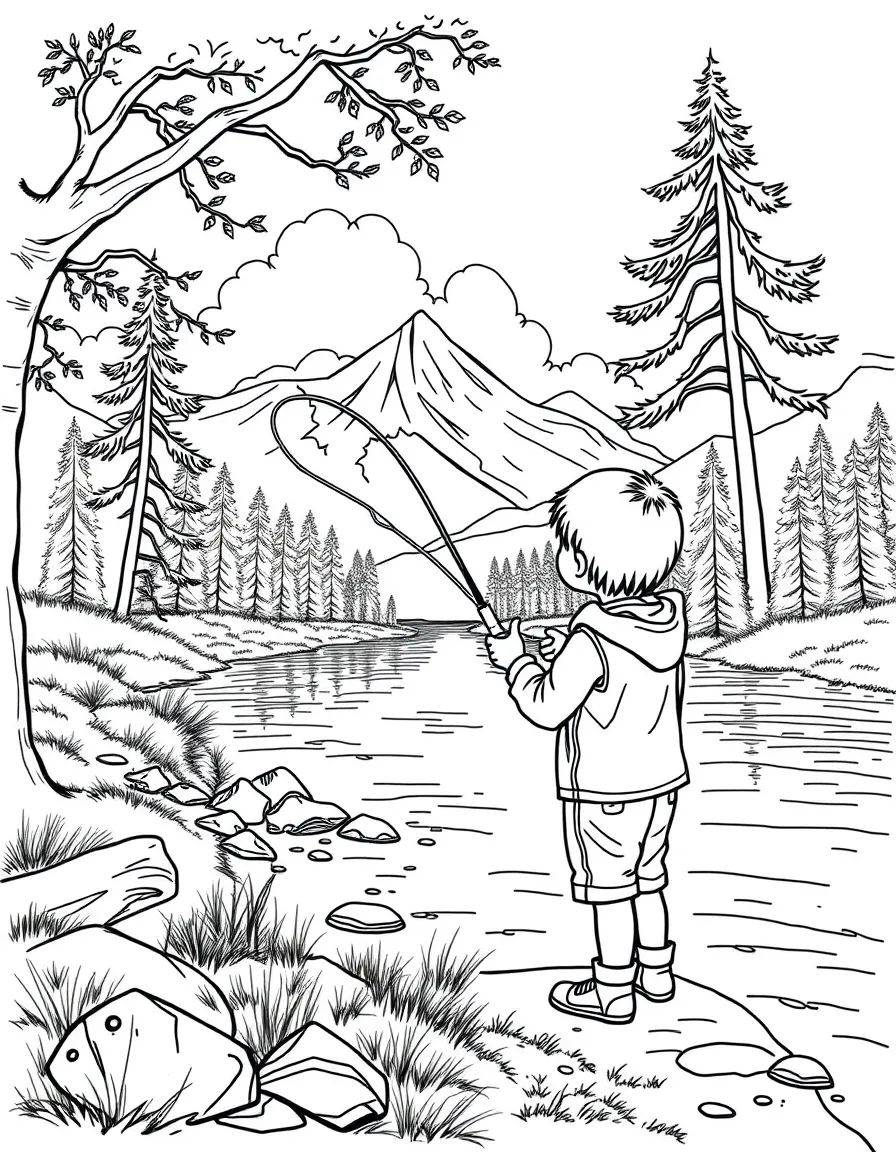 (Montana) A child holding a fishing rod beside a river