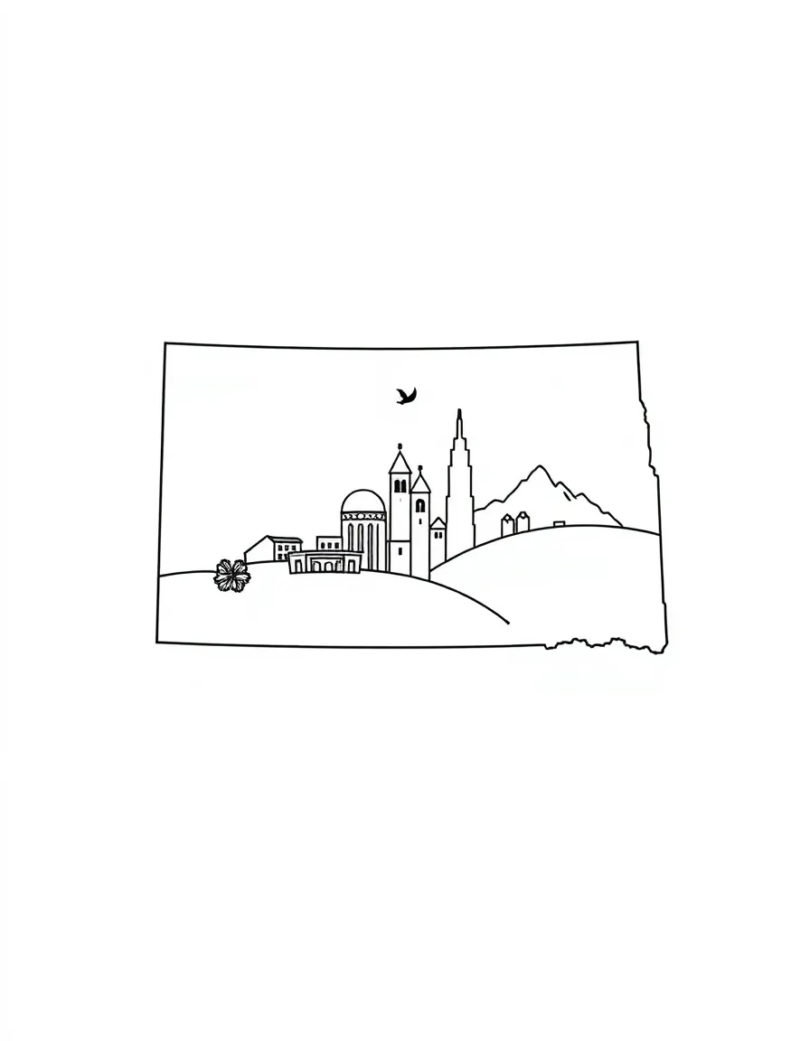 (South Dakota) The South Dakota state outline with landmarks inside