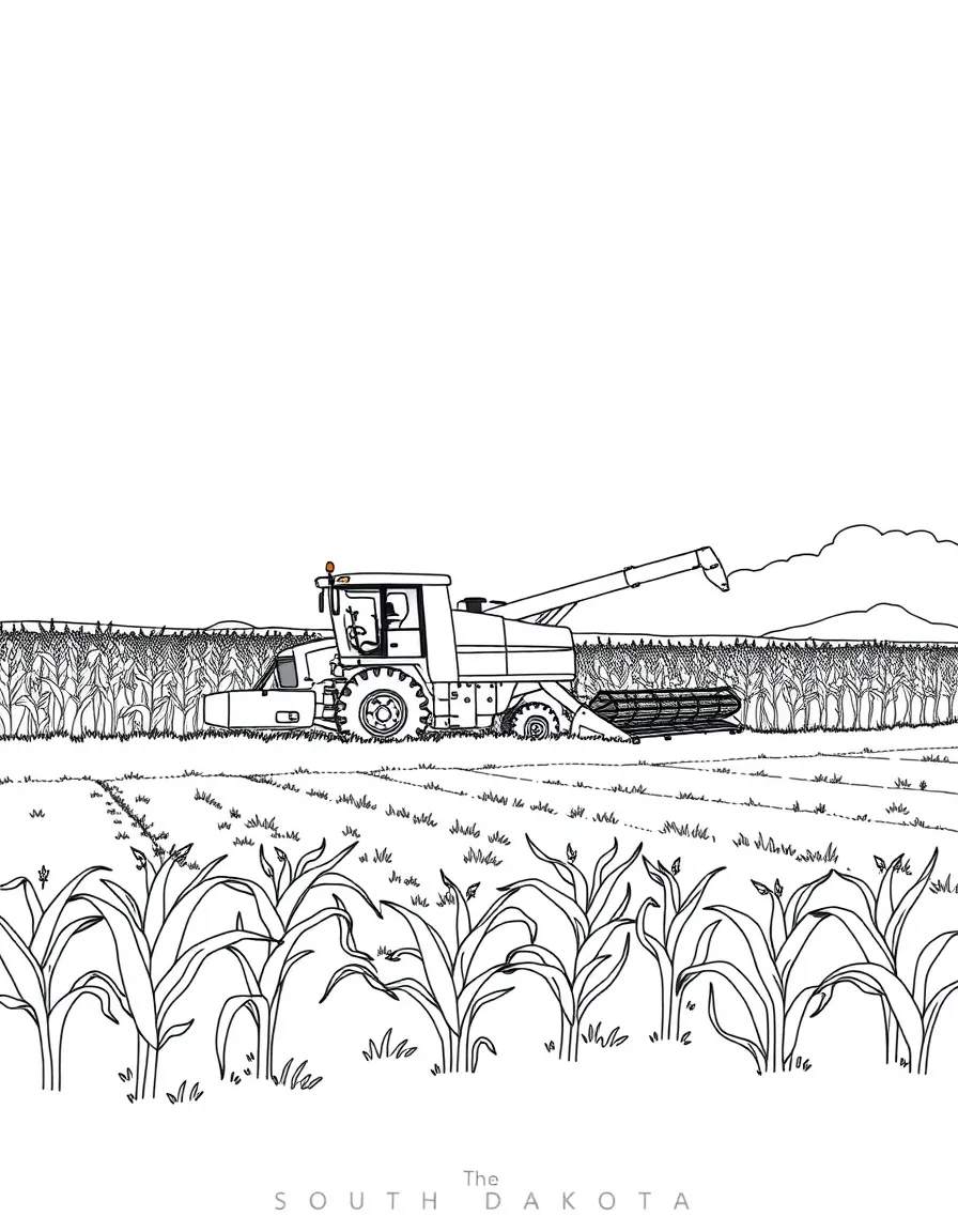 (South Dakota) A tractor harvesting corn in a farm field