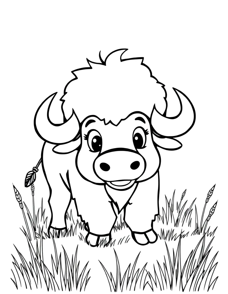 (South Dakota) A cheerful buffalo cartoon with prairie grass