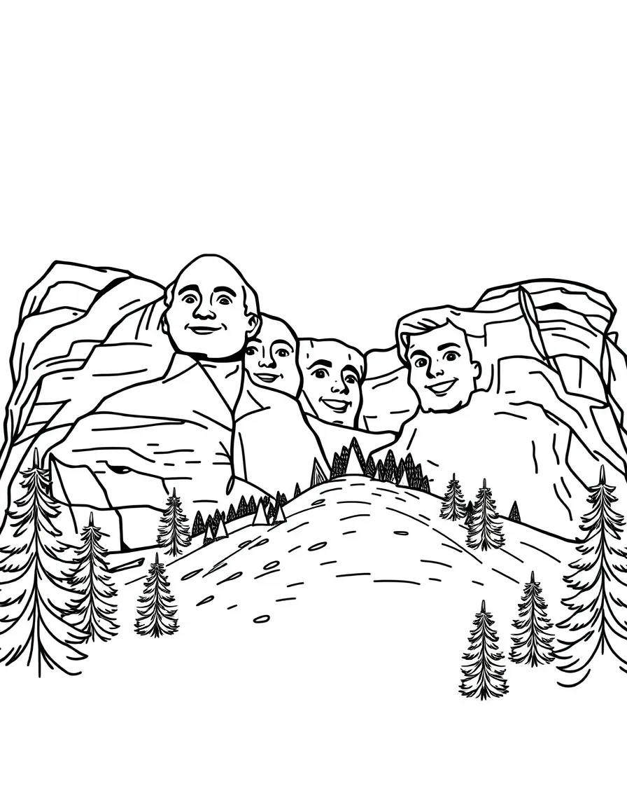 (South Dakota) A smiling Mount Rushmore with cartoon faces