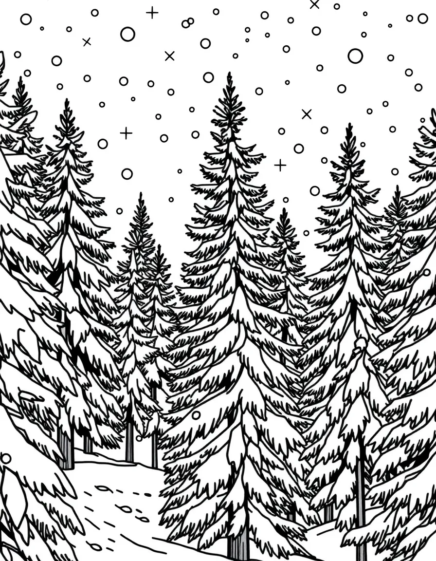 (South Dakota) Snowflakes falling on a pine forest in winter