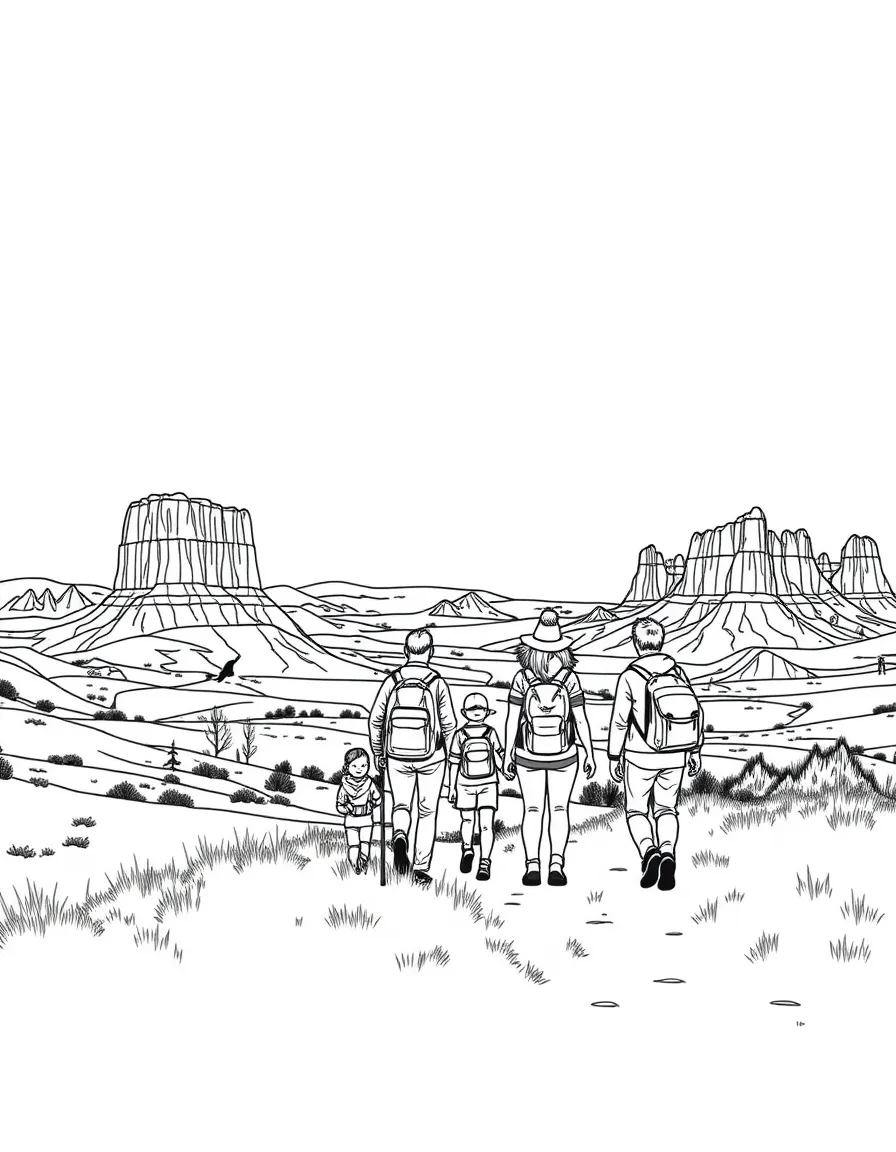 (South Dakota) A family hiking in the Badlands