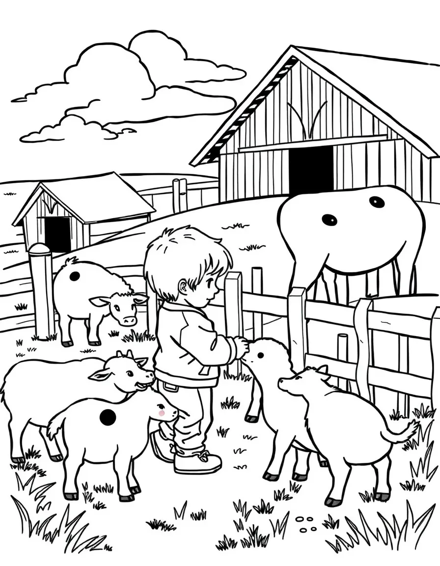 (South Dakota) A child feeding farm animals on a South Dakota farm
