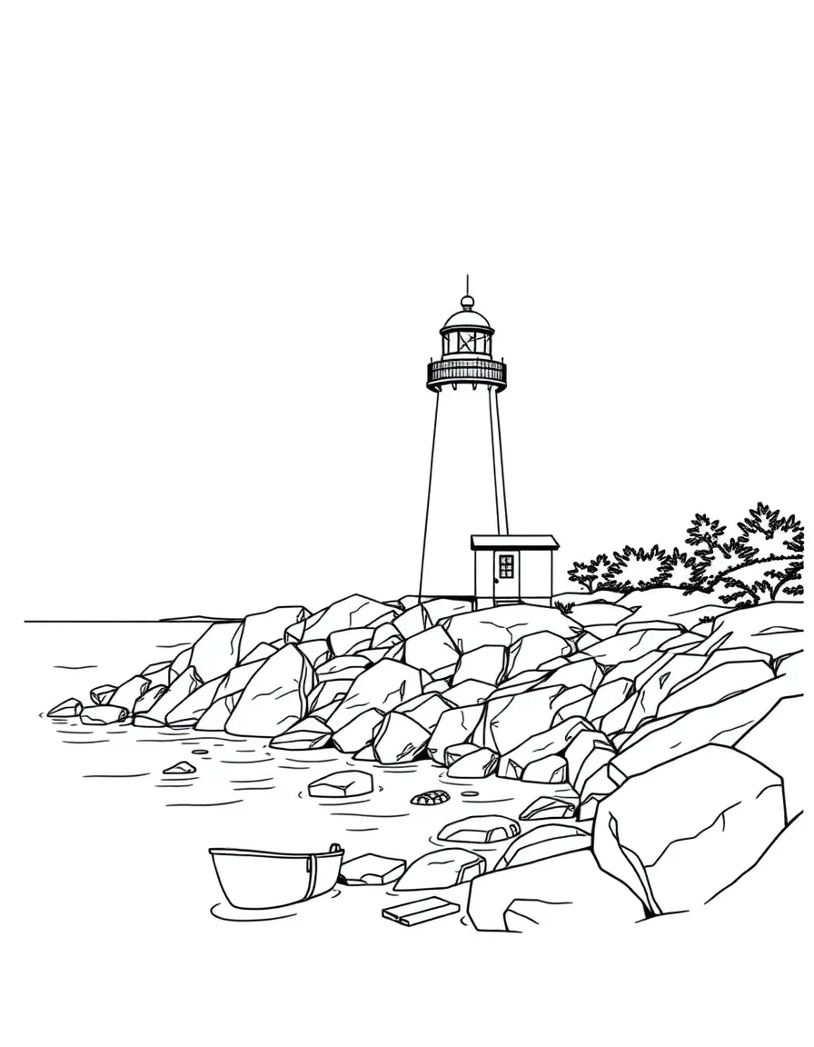 (Rhode Island) A lighthouse on a rocky Rhode Island coastline
