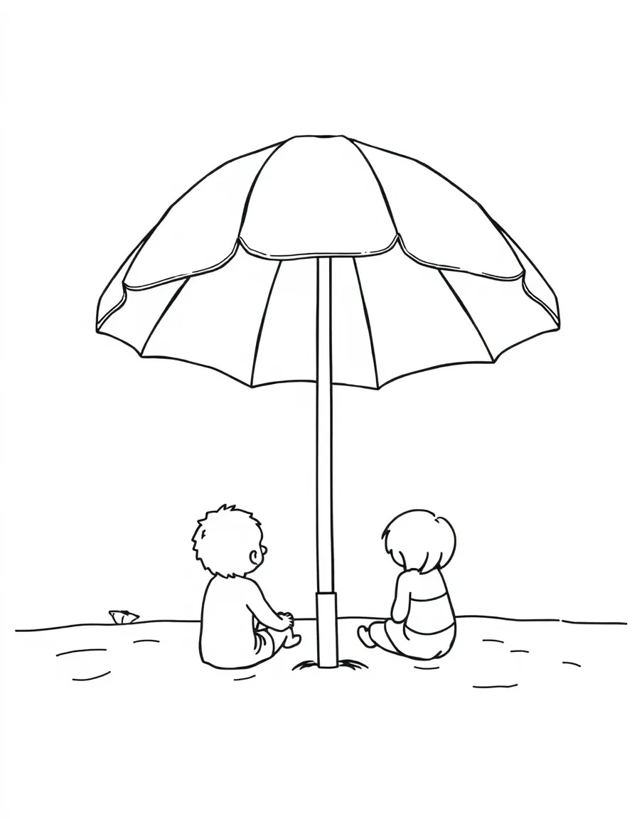 (Rhode Island) A beach umbrella with kids underneath