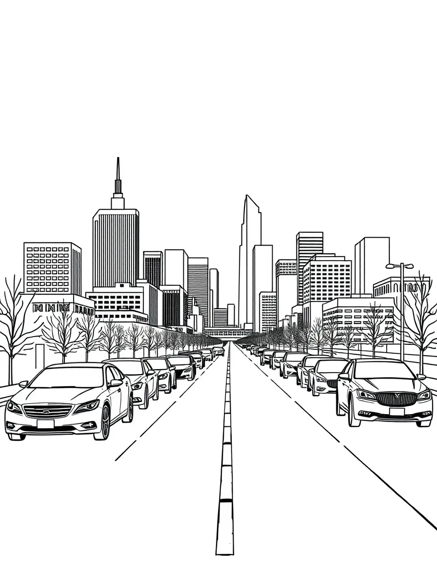 (Michigan) The Detroit skyline with cars and buildings
