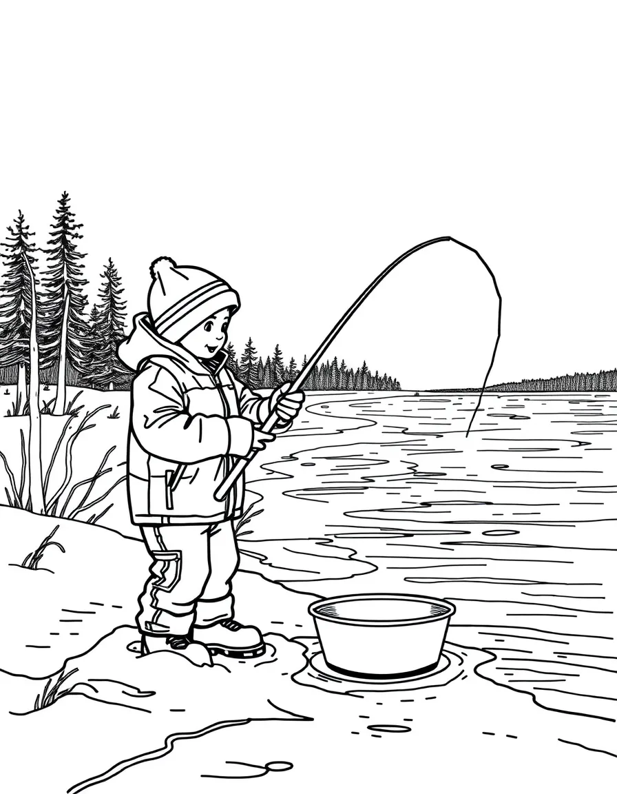 (Michigan) A boy ice fishing on a Michigan lake