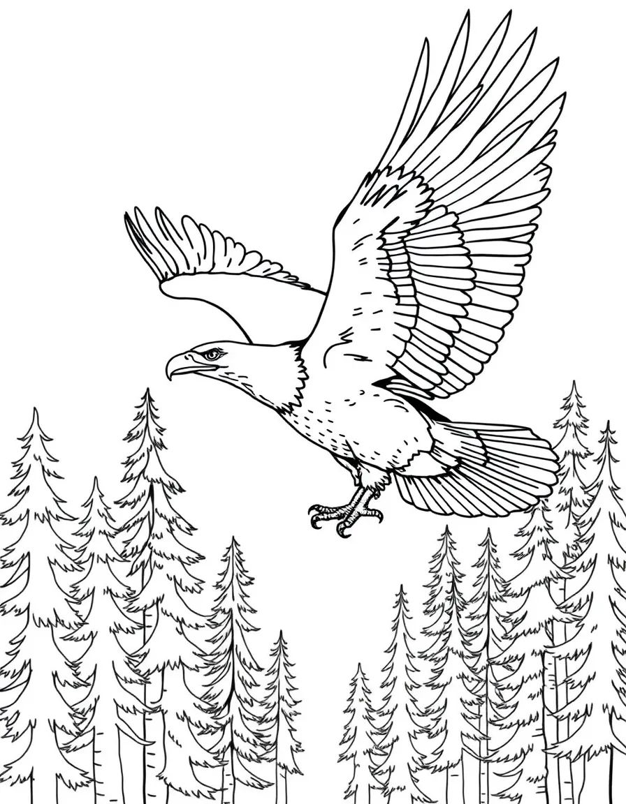 (Michigan) A bald eagle flying over Michigan woods
