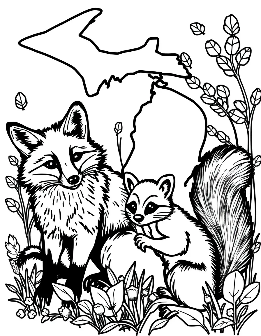 (Michigan) Michigan wildlife: fox, raccoon, and squirrel