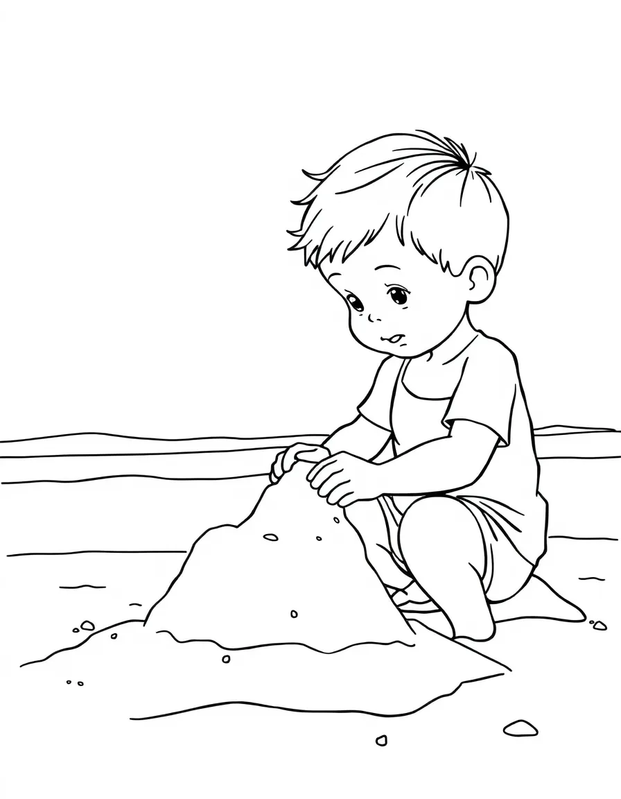 (Michigan) A child building a sandcastle at the beach