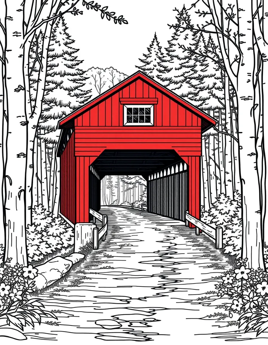 (Vermont) A red covered bridge in a Vermont forest