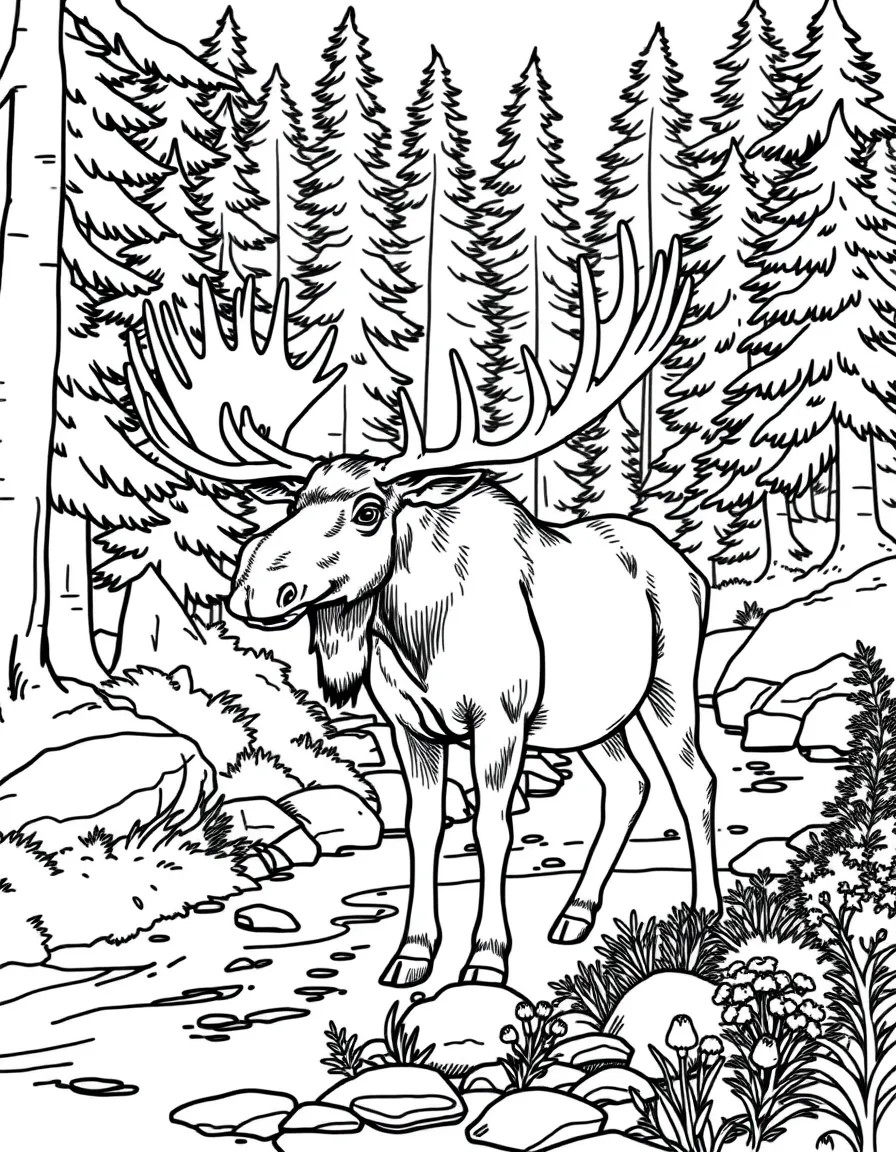 (Vermont) A moose standing by a forest stream