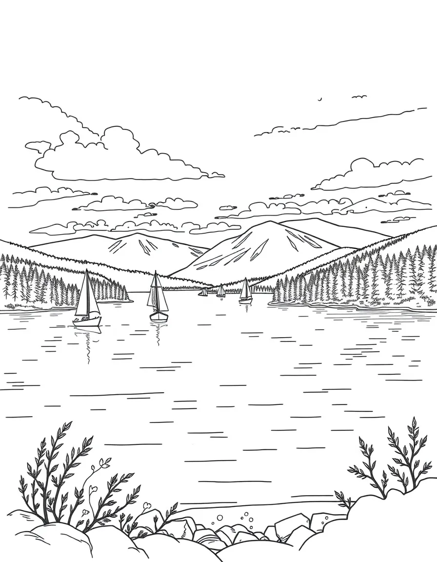 (Vermont) Lake Champlain with sailboats and mountains