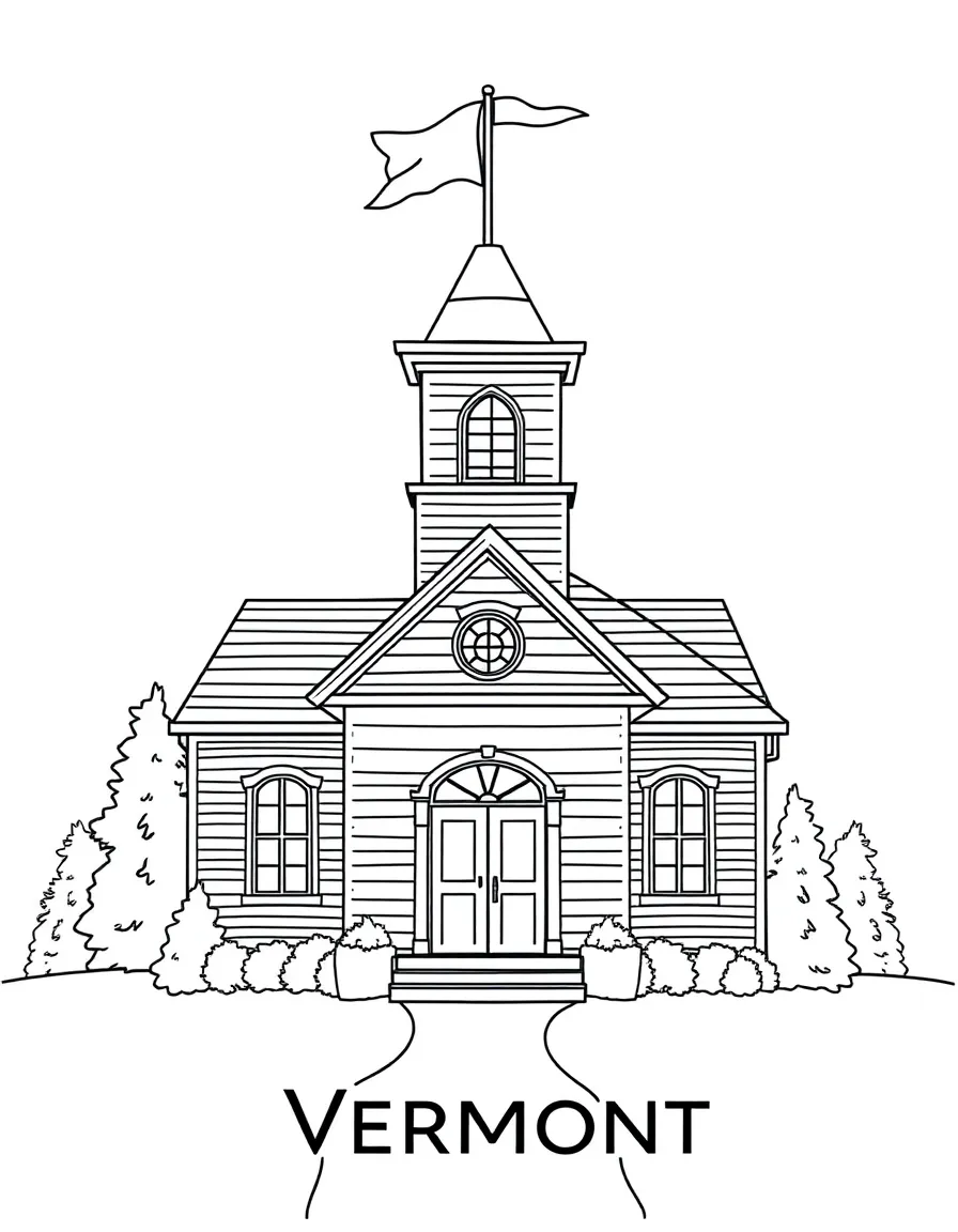 (Vermont) A schoolhouse with a bell tower and flag