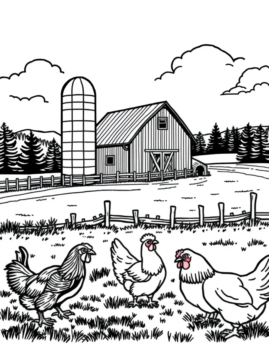 (Vermont) A Vermont farm with silo and chickens