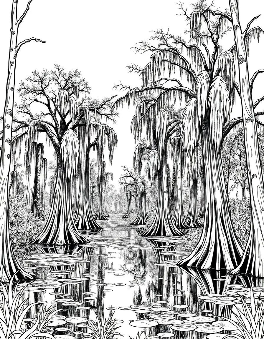 (Mississippi) Mississippi swamp scene with cypress trees and Spanish moss