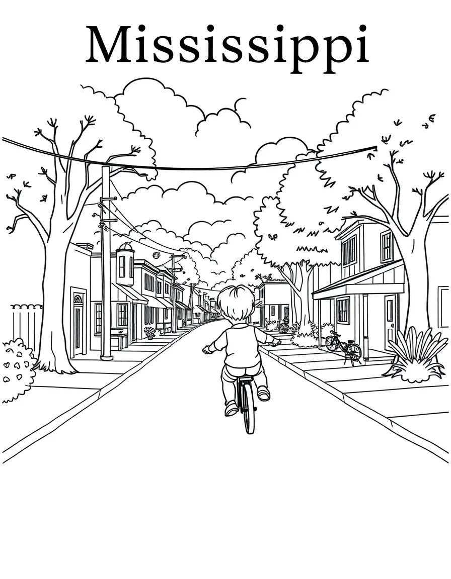 (Mississippi) A child riding a bike through a small Mississippi town
