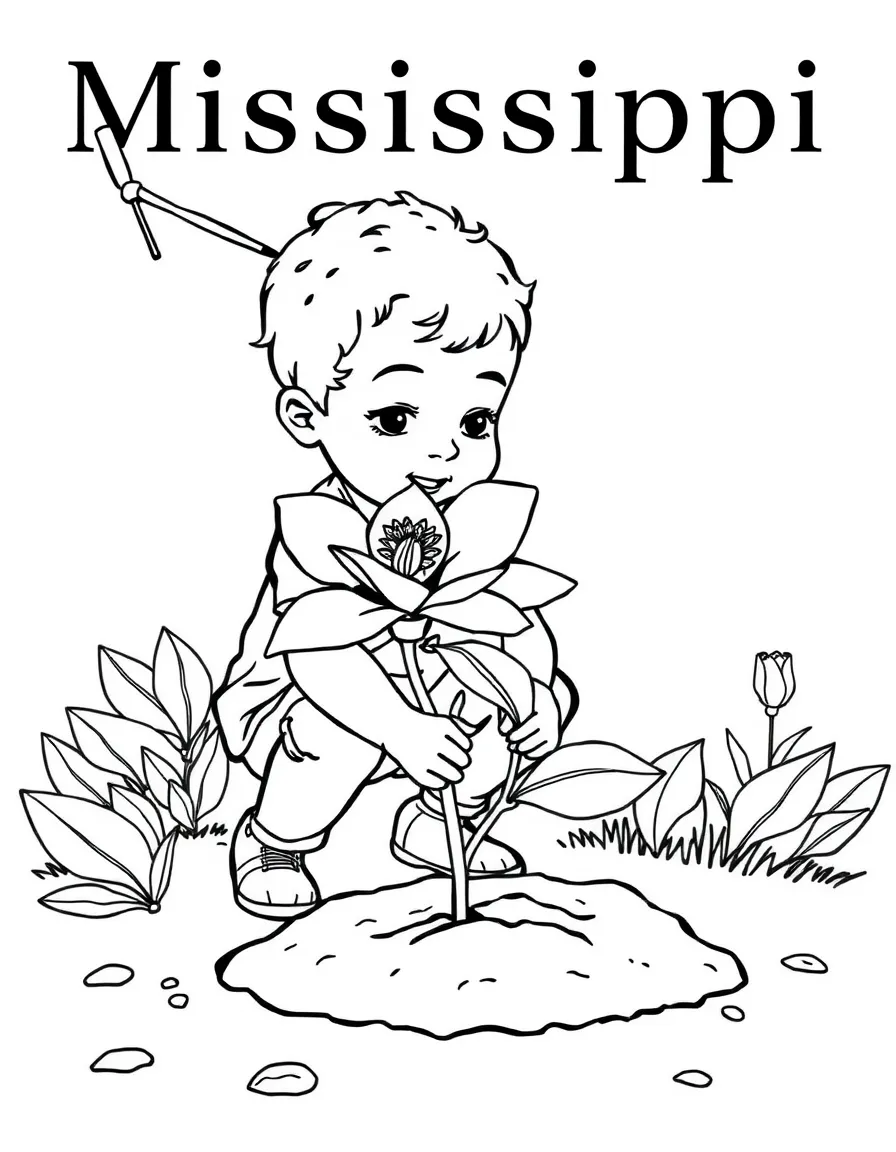 (Mississippi) A child planting a magnolia tree