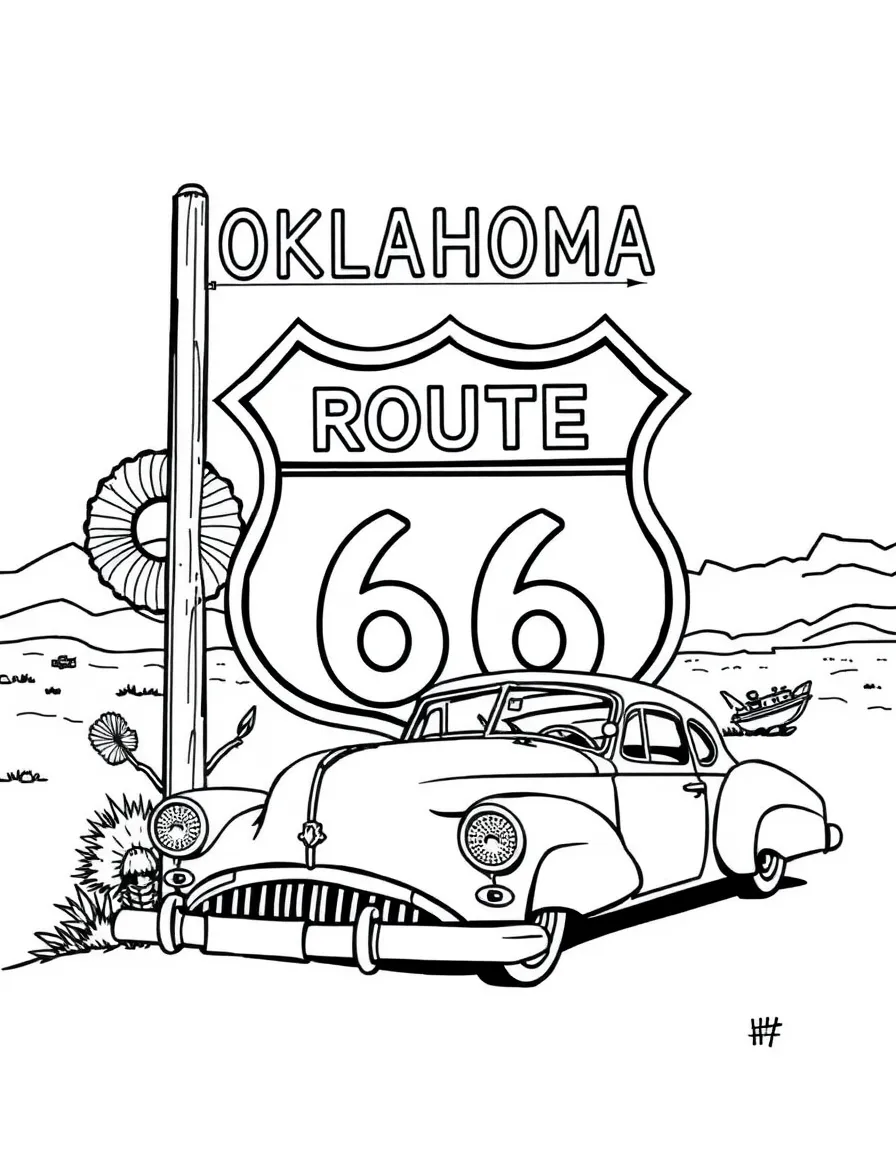 (Oklahoma) Route 66 sign with a vintage car