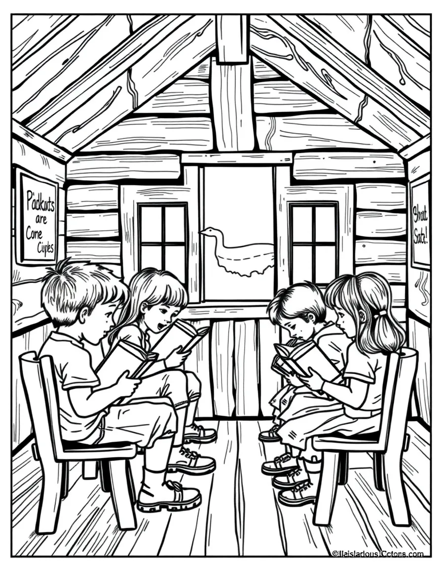 (Oklahoma) Students reading books in a one-room schoolhouse