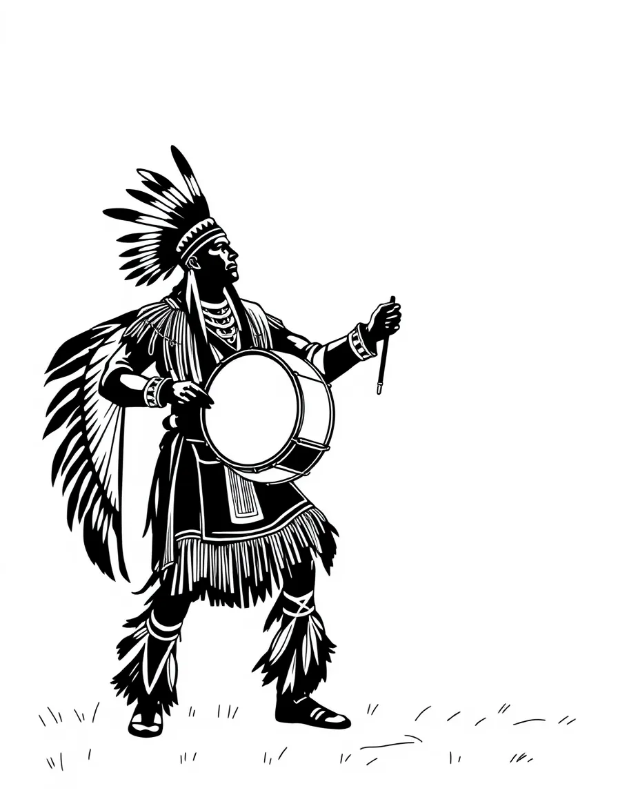 (Oklahoma) A big drum and powwow dancer silhouette