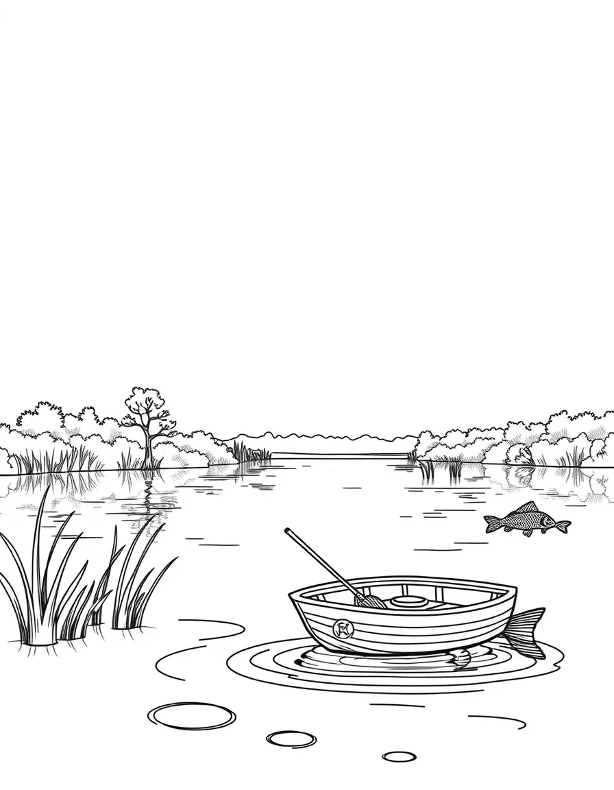 (Oklahoma) Lake scene with a small boat and fish