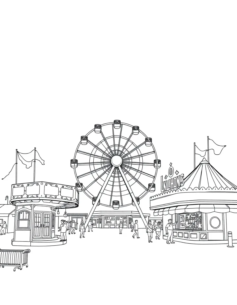 (Oklahoma) A fairground with Ferris wheel and booths