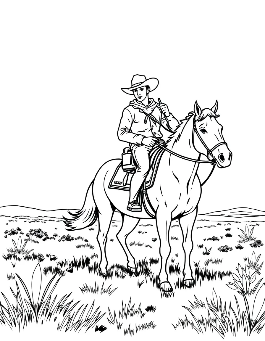 (Texas) A cowboy riding a horse on the prairie