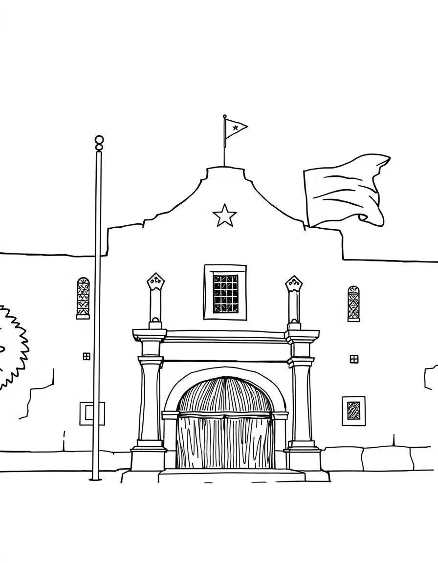 (Texas) The Alamo with waving Texas flags