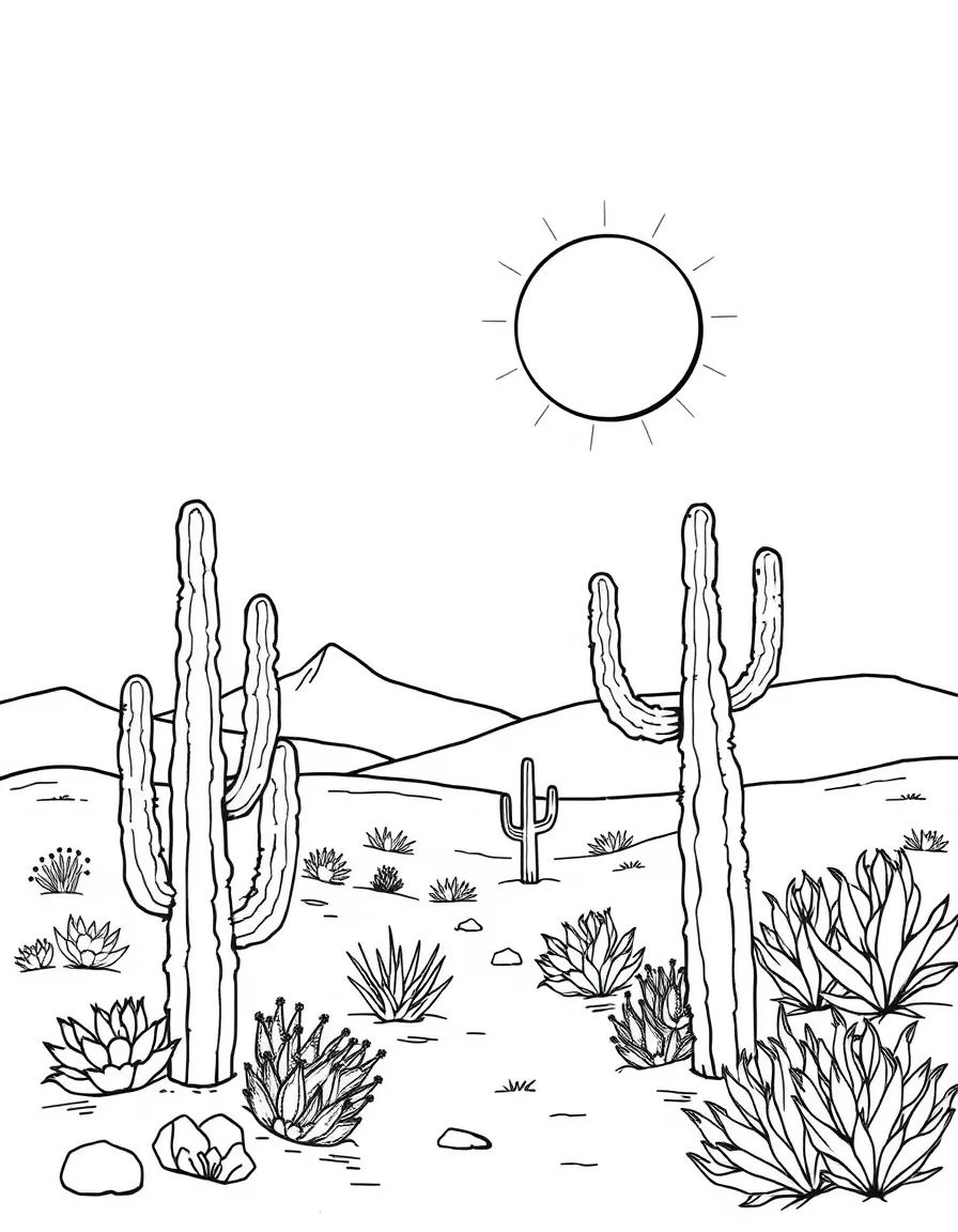(Texas) A desert scene with cactus and sun