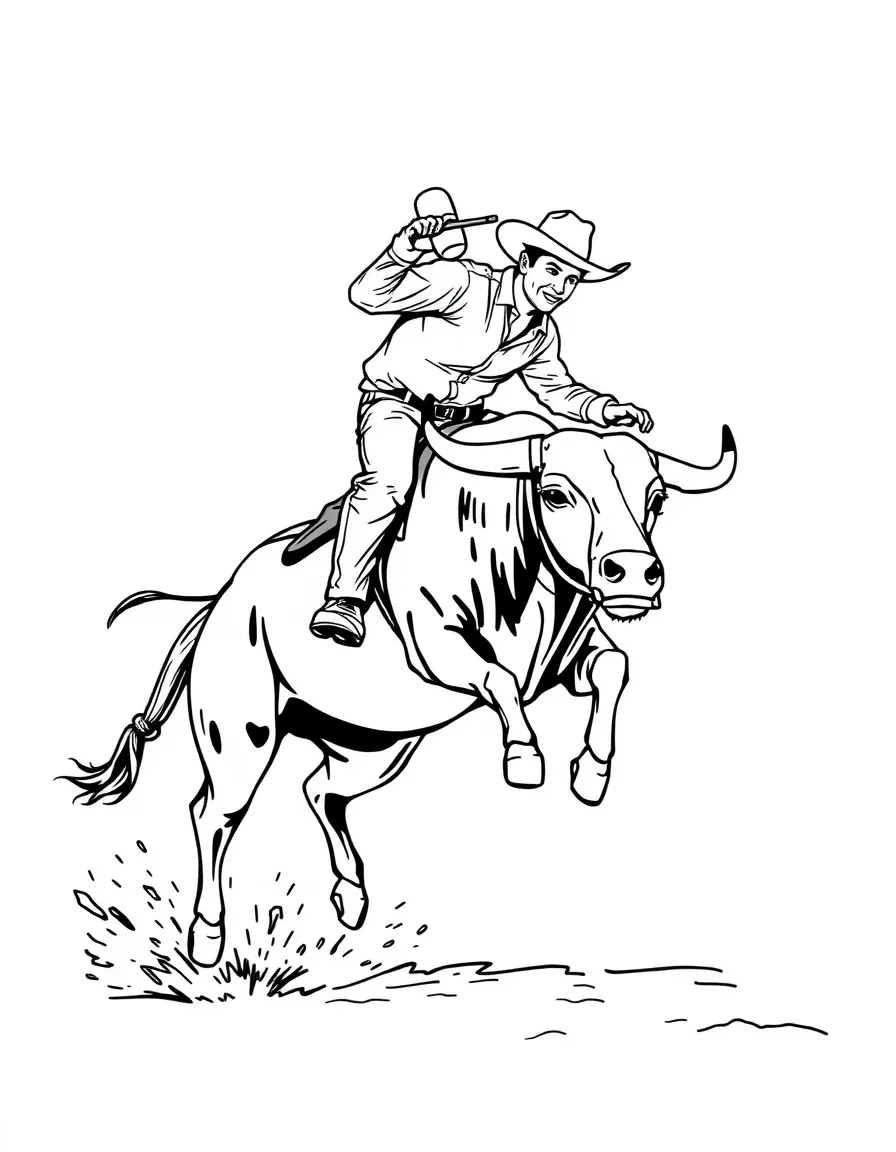 (Texas) A rodeo bull and rider mid-jump