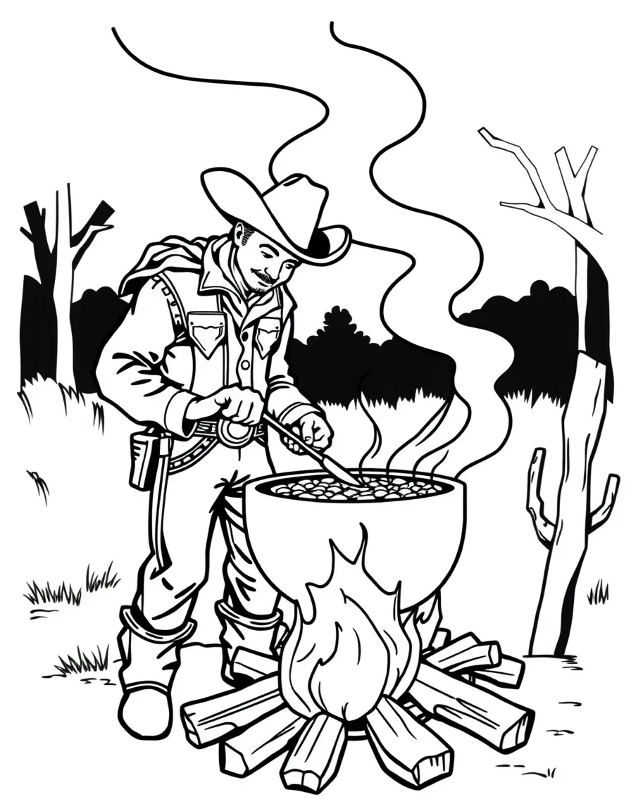 (Texas) A cowboy cooking chili over a fire