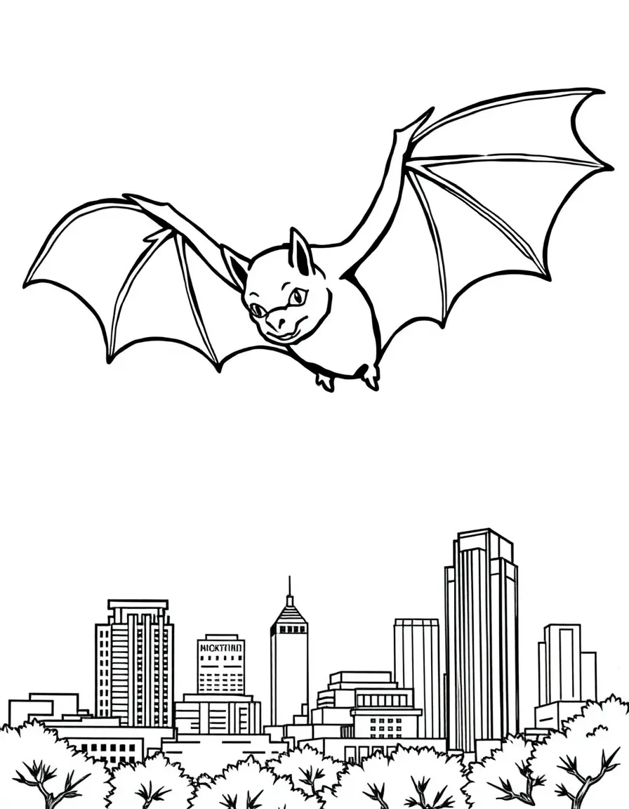 (Texas) A bat flying over Austin skyline